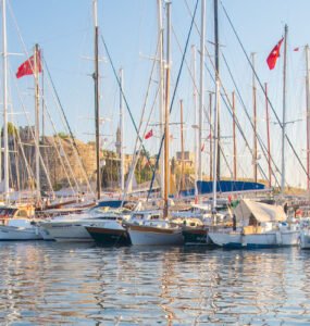 Bodrum Castle and the old harbour in autumn sunset