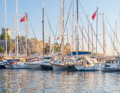 Bodrum Castle and the old harbour in autumn sunset