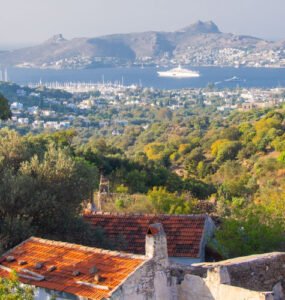A panoramic view of Yalıkavak, seen from an abandoned hillside village, featuring lush greenery, old stone structures, and the marina in the distance.