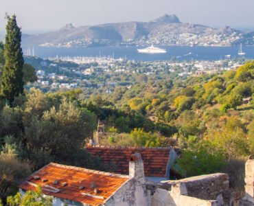 A panoramic view of Yalıkavak, seen from an abandoned hillside village, featuring lush greenery, old stone structures, and the marina in the distance.