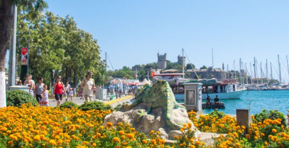Pedestrian way with summer flowers and the Bodrum Castle