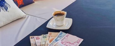 6 different banknotes of Turkish Lira and a Turkish café.