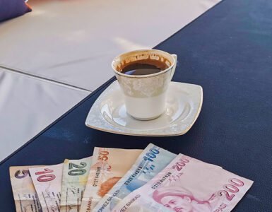 6 different banknotes of Turkish Lira and a Turkish café.