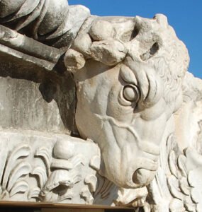 A sculpture of a bull’s head at Temple of Apollo in Didyma ancient city