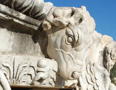 A sculpture of a bull’s head at Temple of Apollo in Didyma ancient city