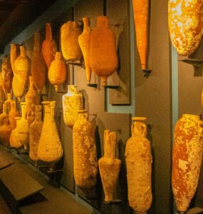 Various types of amphoras on display at the Bodrum Underwater Archaeology Museum.
