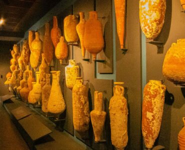Various types of amphoras on display at the Bodrum Underwater Archaeology Museum.