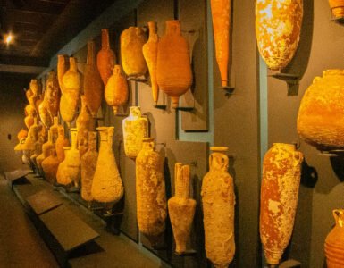 Various types of amphoras on display at the Bodrum Underwater Archaeology Museum.