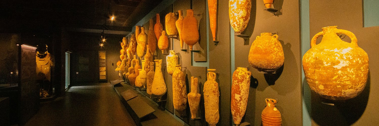 Various types of amphoras on display at the Bodrum Underwater Archaeology Museum.
