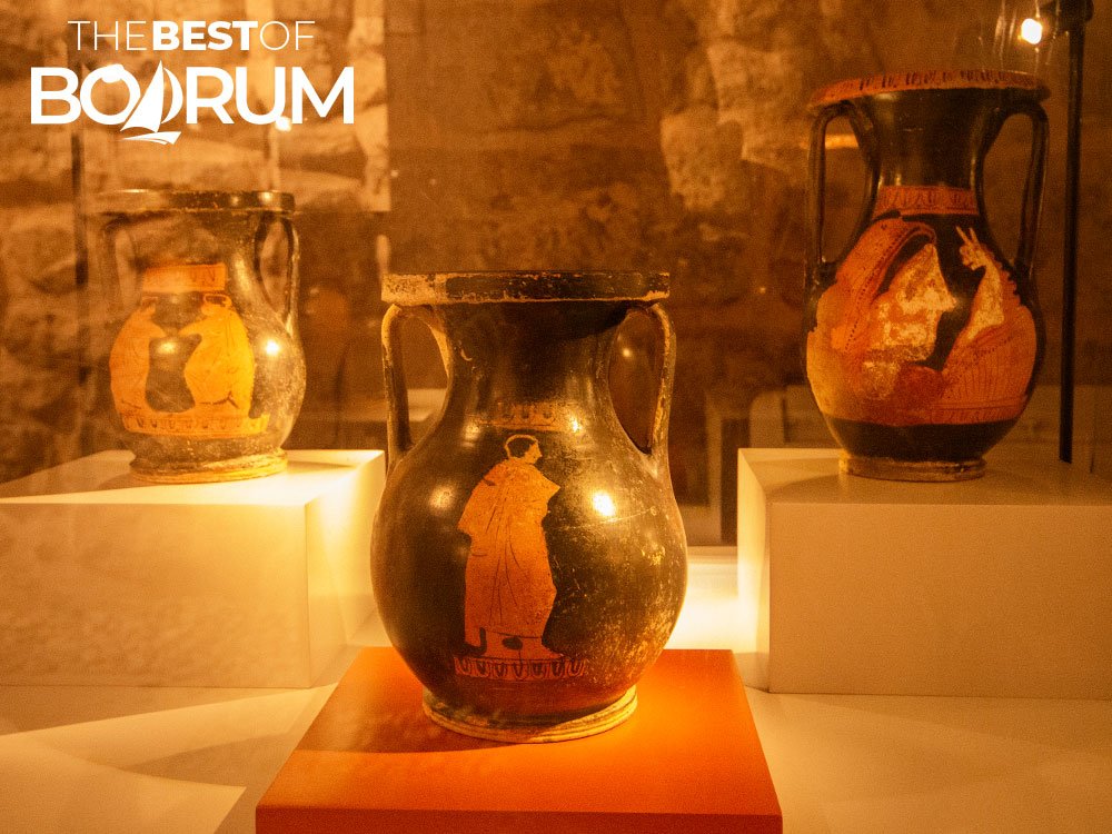 Ancient Greek pottery displayed at Bodrum Underwater Archaeology Museum.