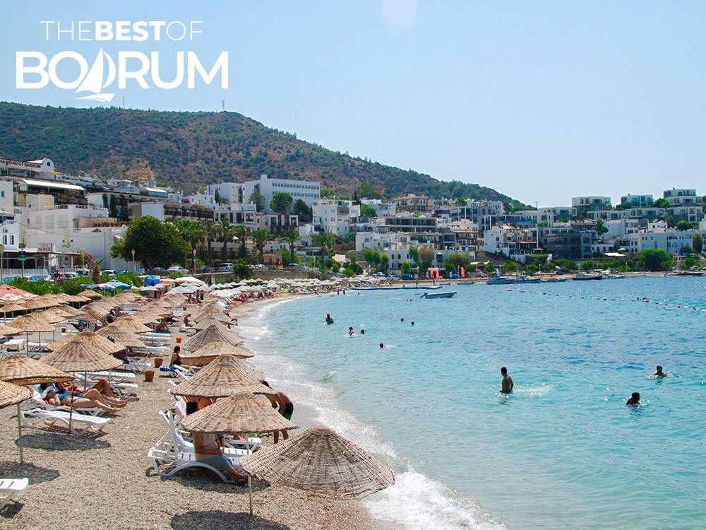 Sunbeds and umbrellas on Bodrum Public Beach, one of the central beaches in Bodrum.