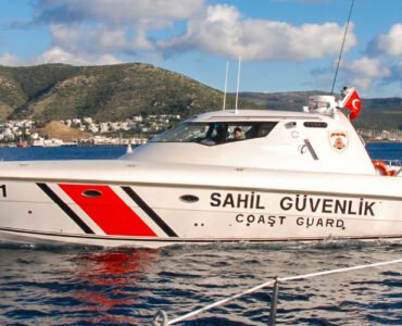 Turkish Coast Guard boat patrolling the waters to ensure maritime safety in Bodrum.