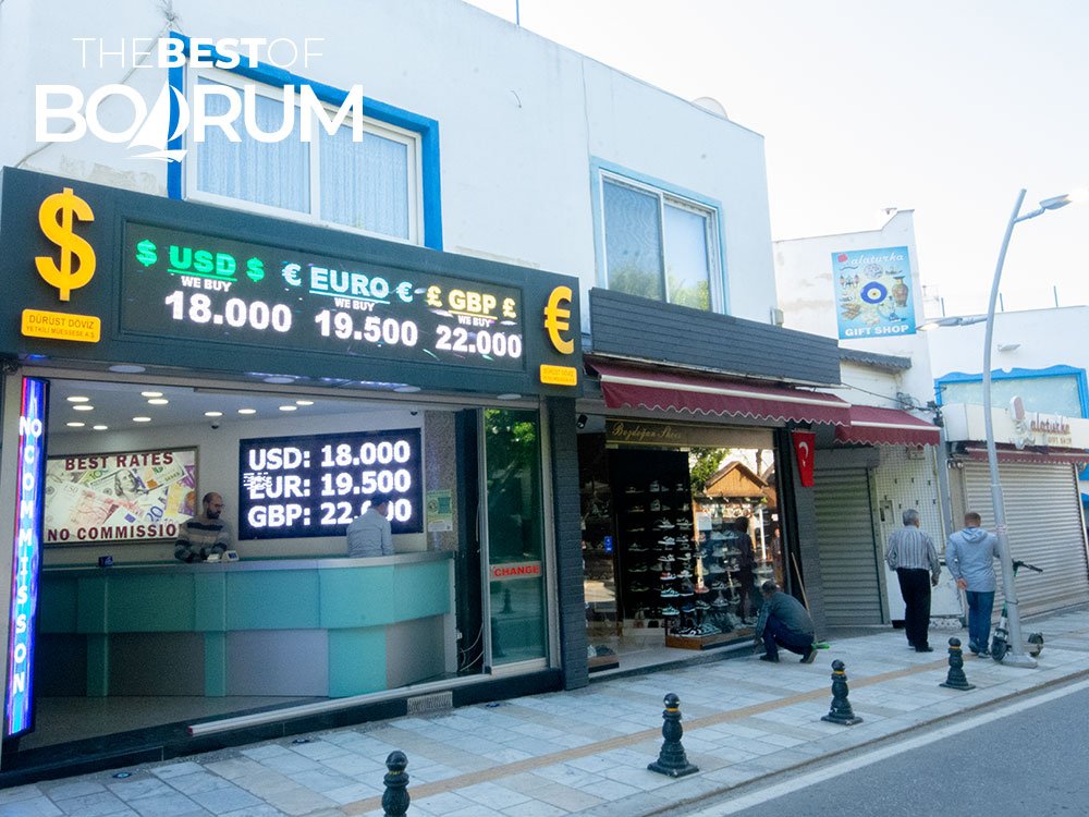 A currency exchange office in Bodrum with live USD, Euro, and GBP rates, useful for Turkey travel tips.