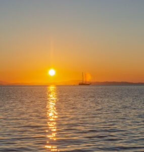 Sunset view from a gulet on Gökova Bay symbolising the start of many Bodrum travel stories.