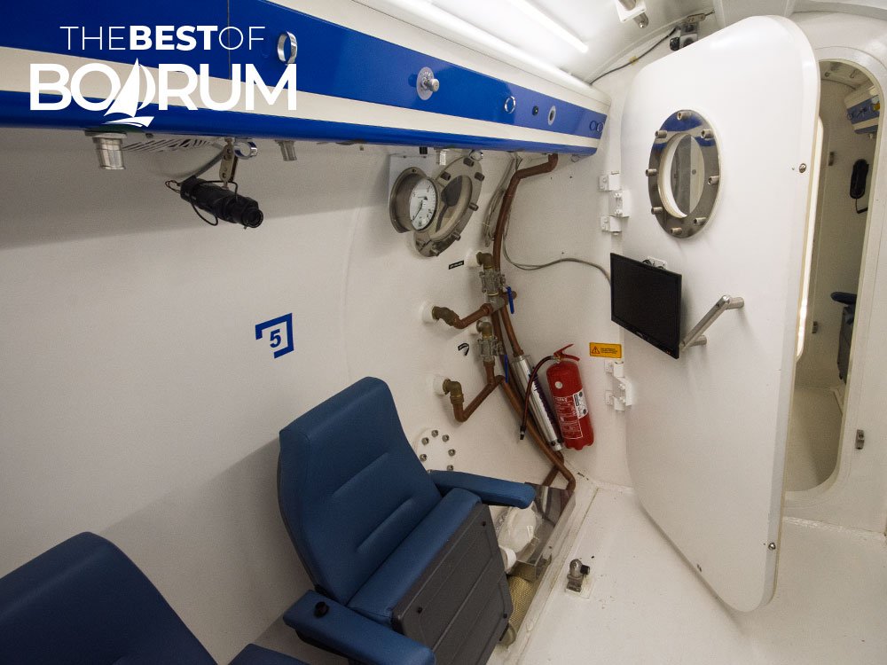 Interior of the hyperbaric oxygen therapy chamber at Bodrum State Hospital, used to treat divers with decompression sickness.