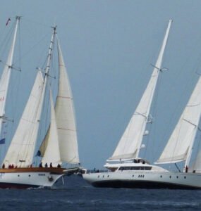 STS Bodrum sailing ship during a race, symbolising the spirit of sailing women in Bodrum.
